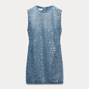 Zara Blue Denim Mini Dress with Silver Polka Dots